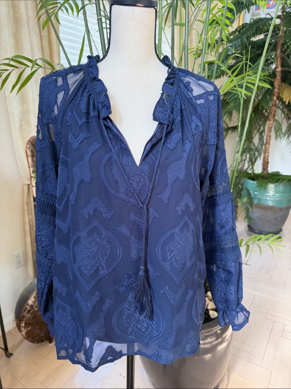Belle by Kim Gravel Navy Sheer Tassel V-Neck Blouse